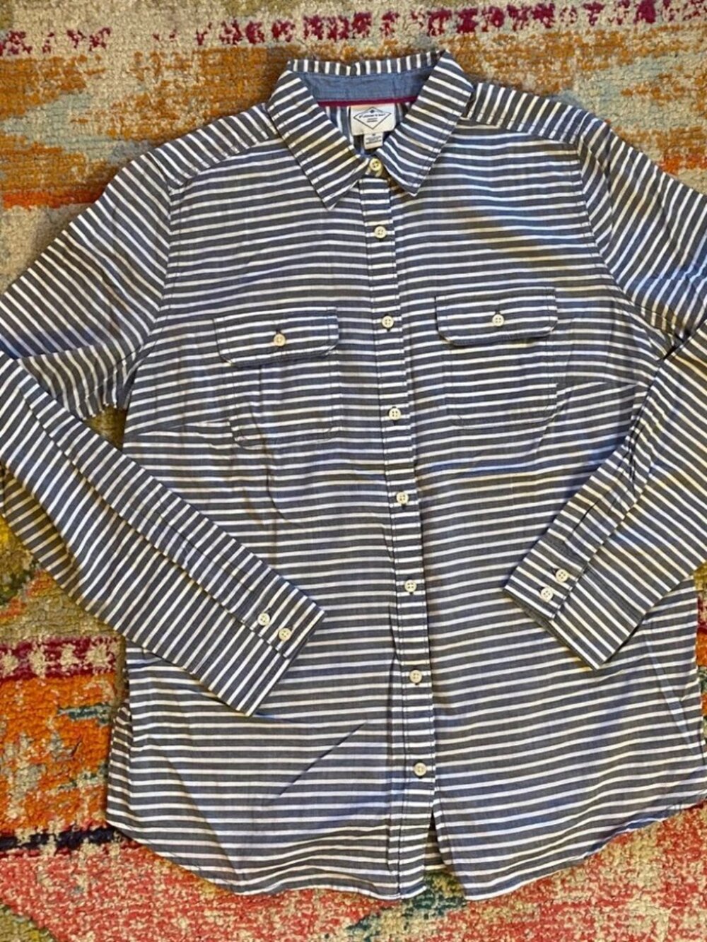 St John’s Bay sz M Striped White Light Blue Button Down Shirt Top Blouse Pockets